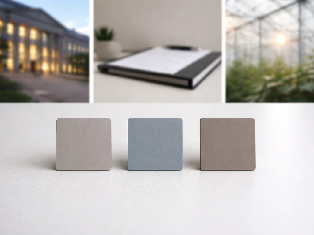 Three side-by-side tiles on a desk with blurred government office and greenhouse cues, no text.