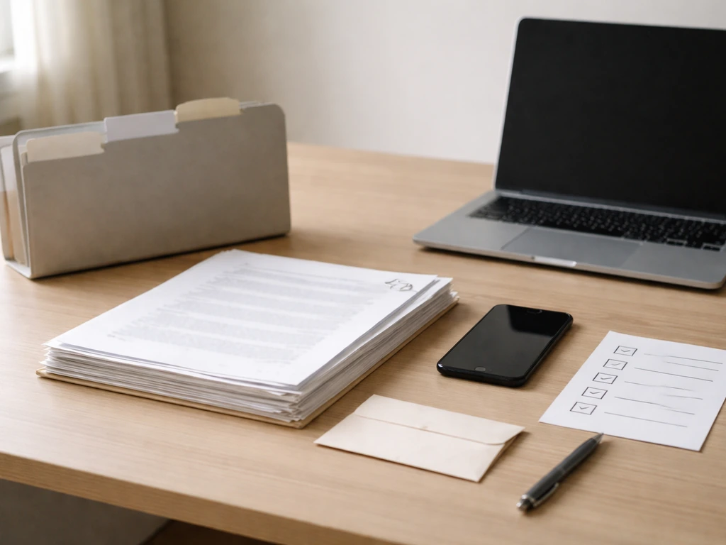 Minimal desk with stacked documents, pen, checklist card, and folder suggesting a DHSS application submission prep.