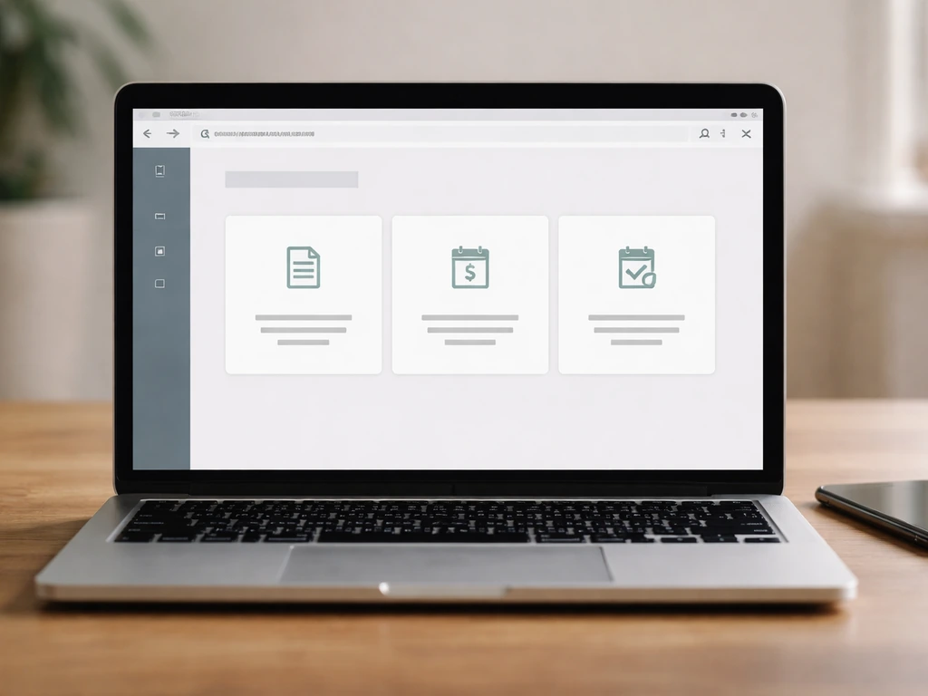 Laptop screen showing a generic application portal with forms, fees, and status sections.