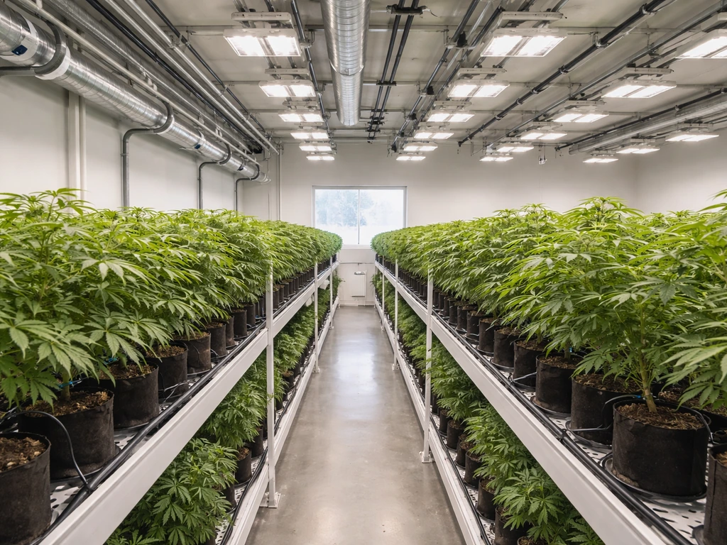 Clean licensed cannabis grow room with controlled lights and irrigation lines in a commercial cultivation facility.