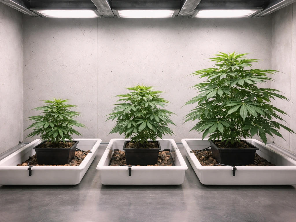Three-tier license comparison shown with three cannabis plants in separate simple trays under grow lights