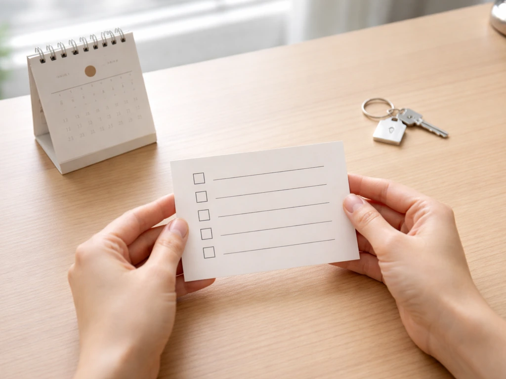 Hands place a blank checklist card on a desk with calendar and ownership token, minimal eligibility vibe.