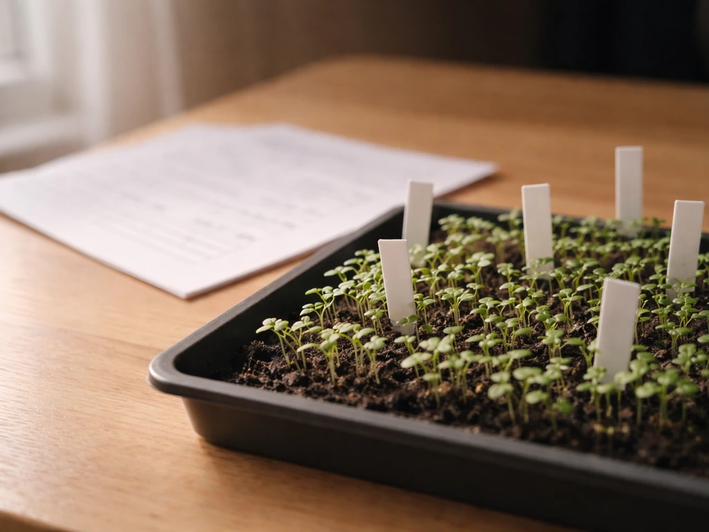 Close-up of a tabletop with plant-count compliance notes and small plant markers beside a shallow tray of seedlings.