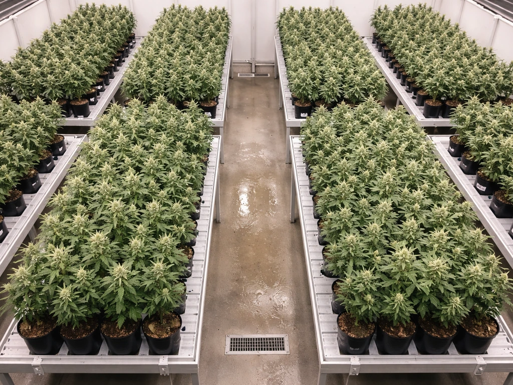 Overhead view of a small cannabis grow room with many flowering plants and discrete numbered tray tags.