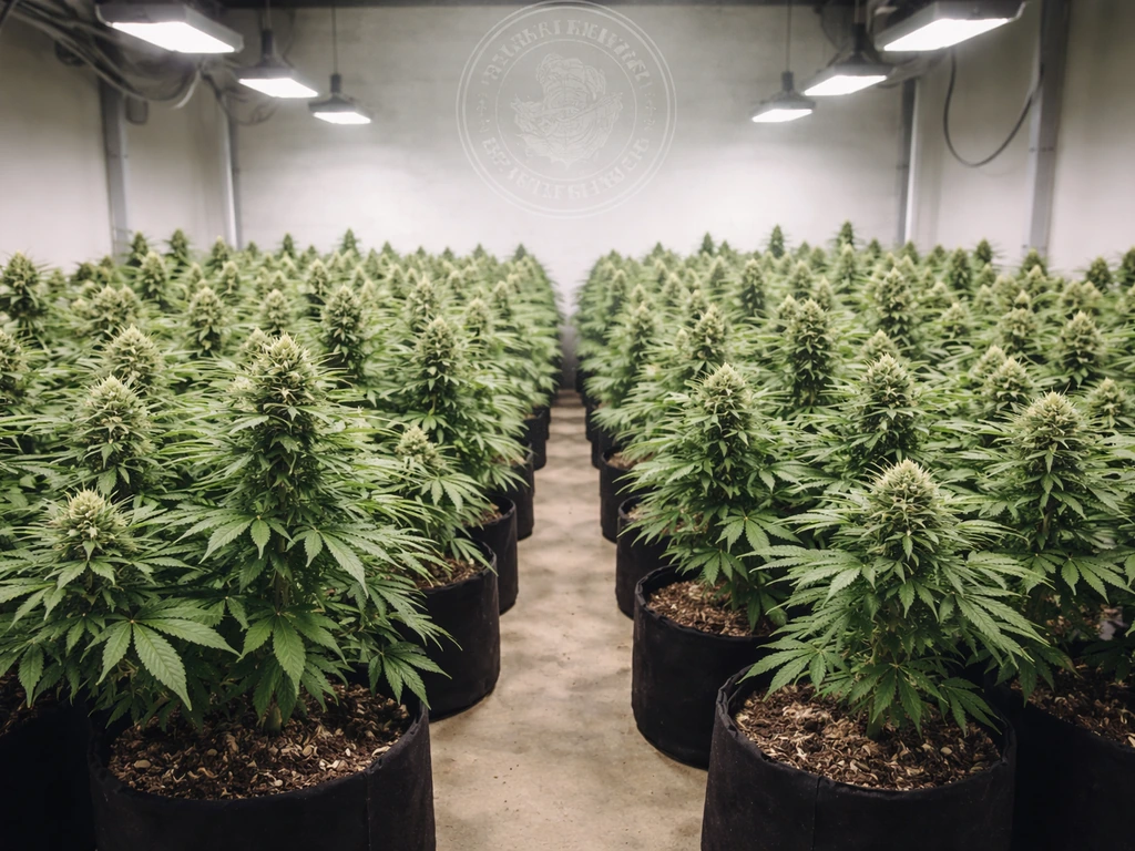 Cannabis grow room plants with a subtle abstract legal-threshold seal overlay, no readable text.