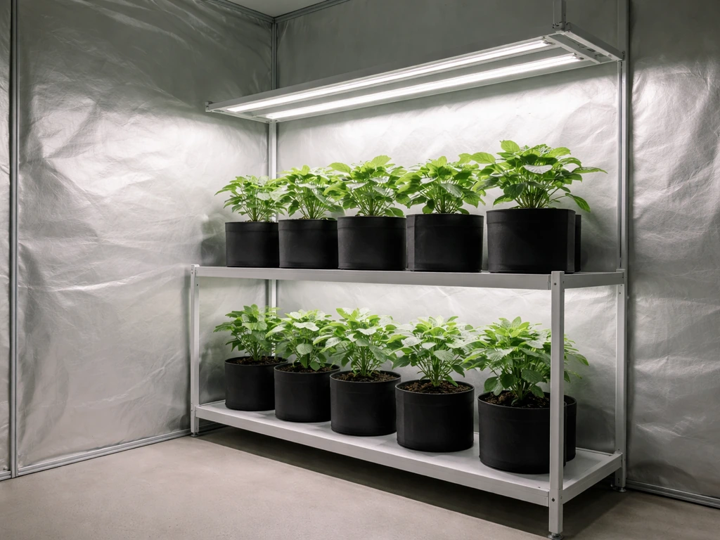 Grow room interior with a small row of potted plants under grow lights, signaling higher cultivation capacity.