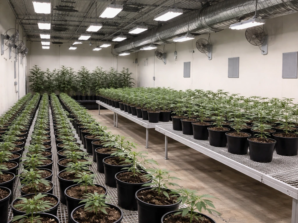 Indoor grow room with multiple rows of potted plants under lights, modest micro-tier setup, no people.
