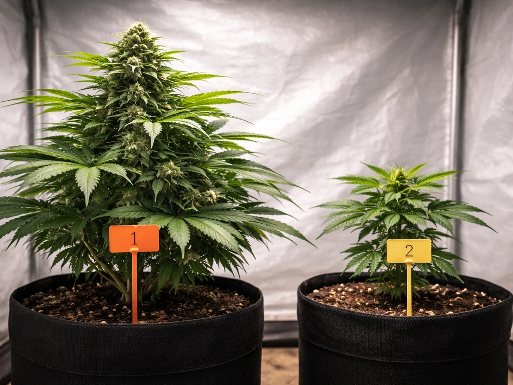 Close-up of two cannabis plants in separate pots with two simple stage markers for mature vs immature.