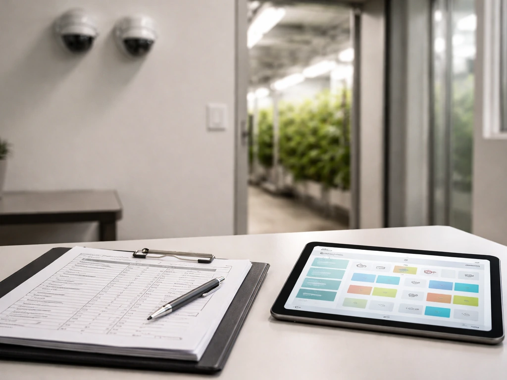 Compliance binder beside a tablet showing seed-to-sale style tracking UI near security cameras in a grow facility.