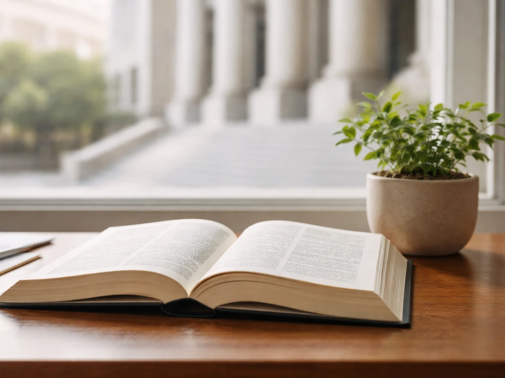 Open legal book and a small plant in a pot on a desk by a window, symbolizing plant-count rules.