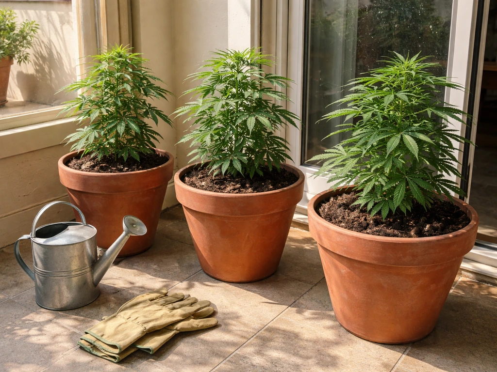 Small potted cannabis plants on a home patio by a window with a watering can and gloves