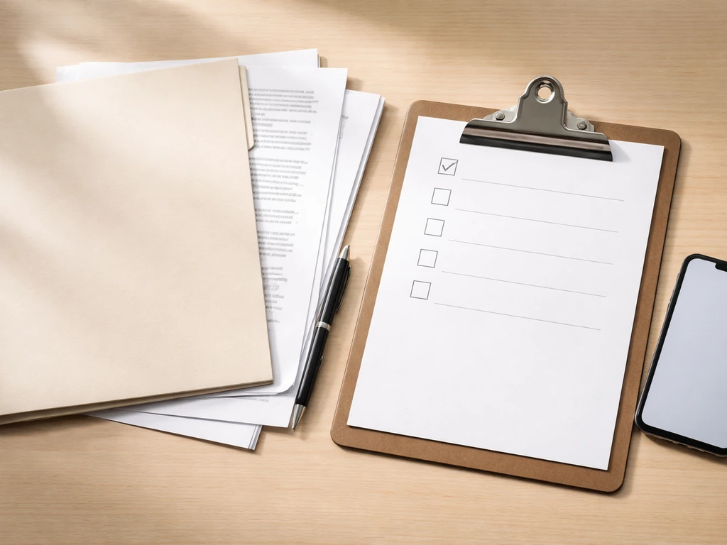 Minimal desk scene with a checklist folder, documents, and a phone showing local authorization steps