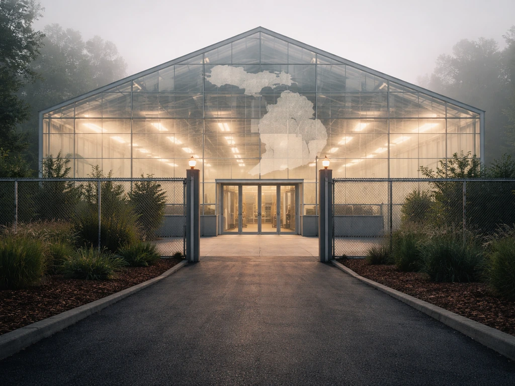 Michigan greenhouse entrance with a subtle Michigan map outline in the background light pattern.