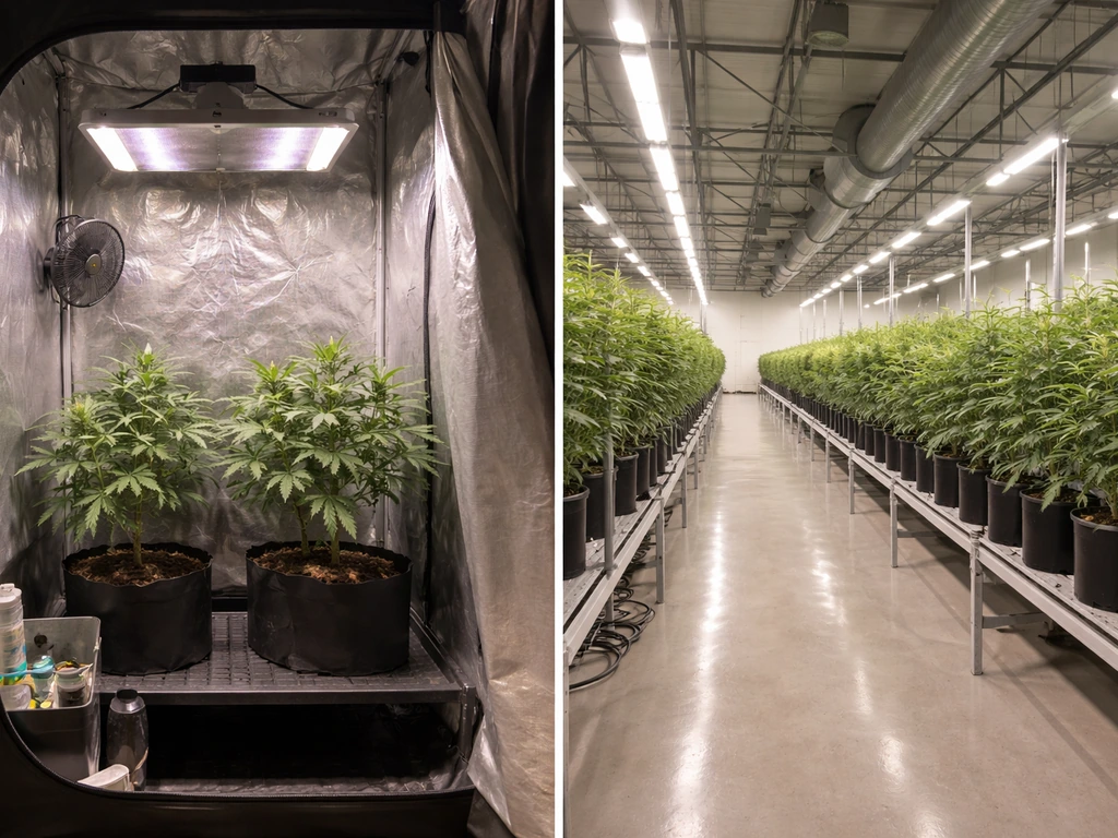 Split image: a small home grow tent vs a larger commercial cultivation facility with many grow rows.