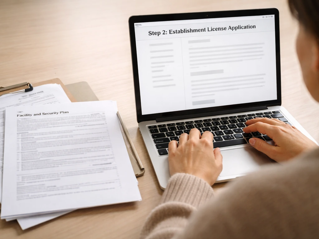 Anonymous hands on a laptop with blurred application portal and spread facility/security documents.