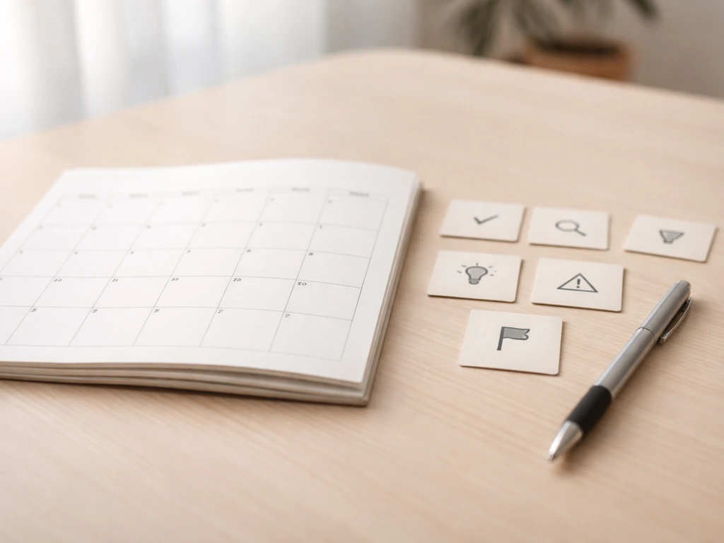 Minimal desk scene with a calendar, small fee/status cards, and a pen for documentation planning