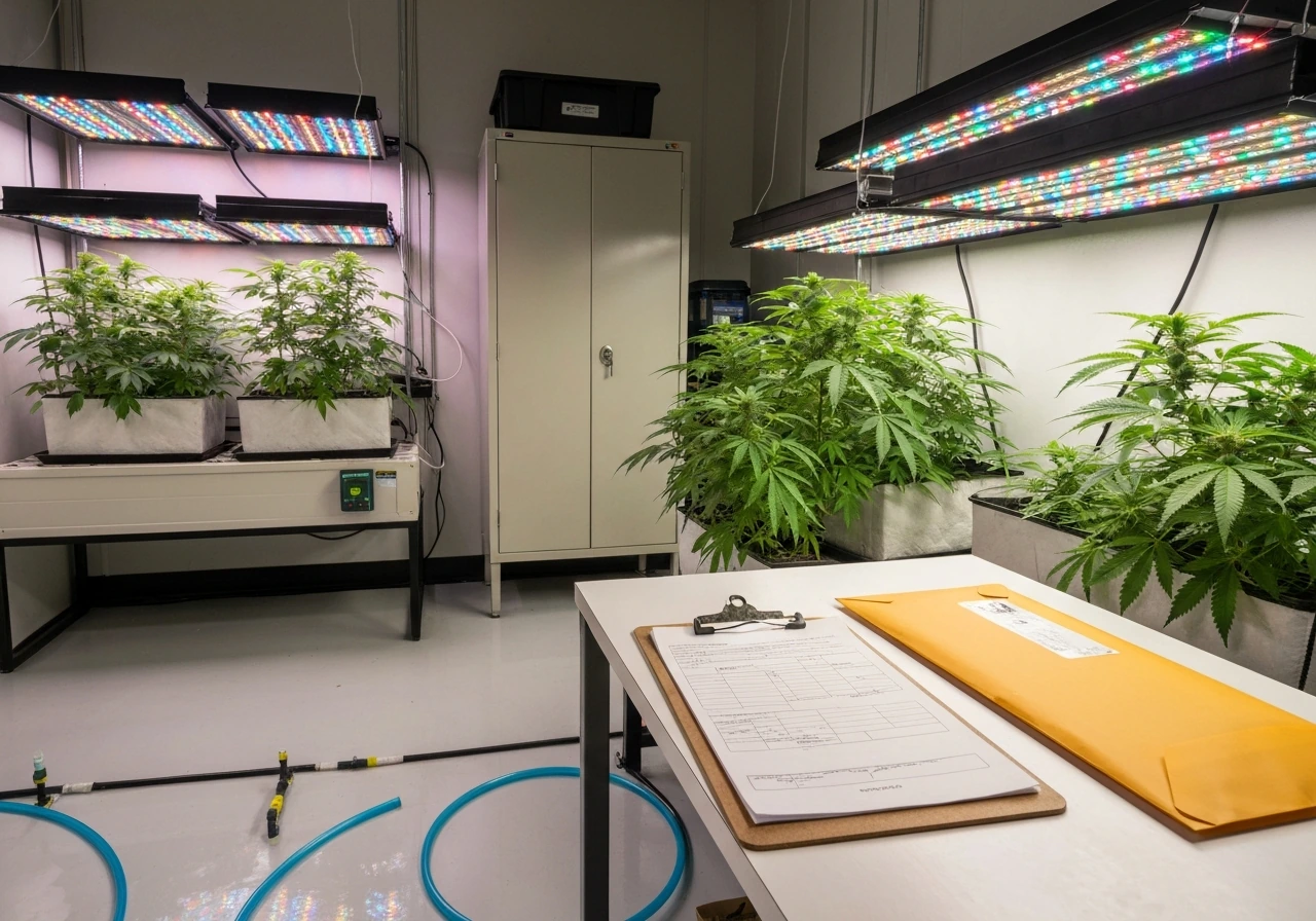 Minimal indoor cannabis grow setup with blank compliance paperwork on a table.