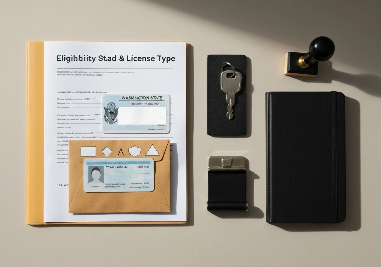 Minimal desk scene with WA residency document concept and an LLC starter kit items for license eligibility