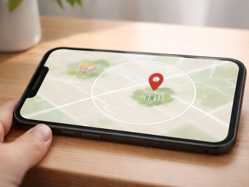 Smartphone on a desk showing a minimal map-style distance ring from a school to a premises pin.