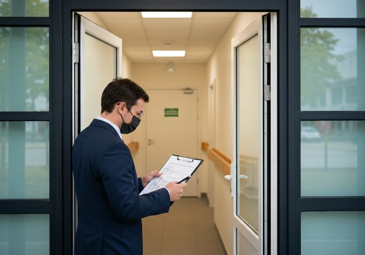 Compliance officer inspecting a facility entrance with clipboard checklist, minimal setting, no readable text.