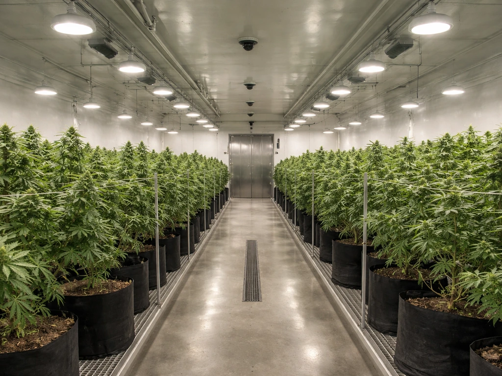 Minimal grow corridor with healthy plants, controlled lights, and security cameras in a regulated facility.