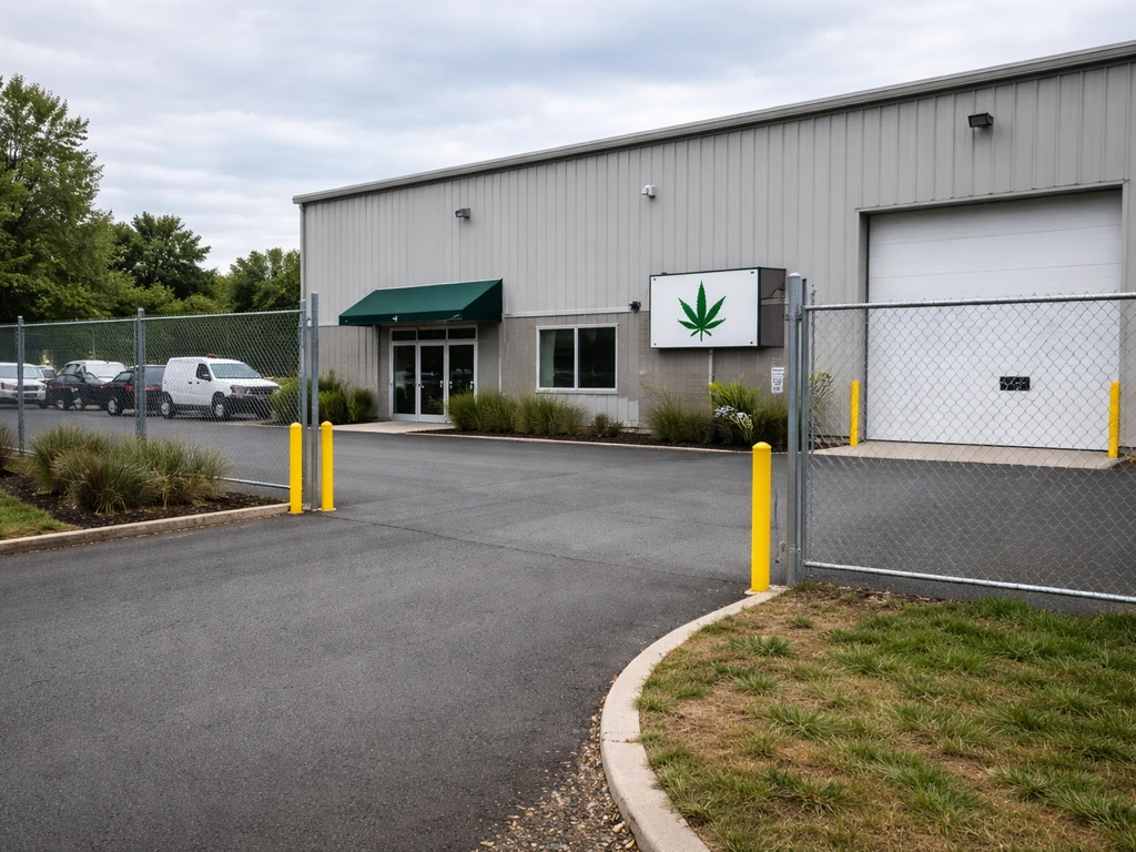 Exterior view of a licensed cannabis cultivation facility entrance with compliance signage cues