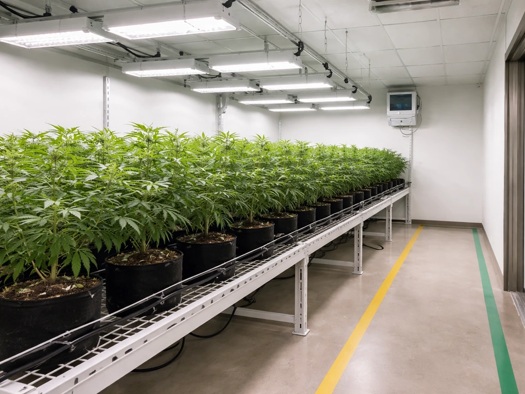 Minimal interior grow room with tiered canopy, grow lights, and clean zoning tape on the floor.