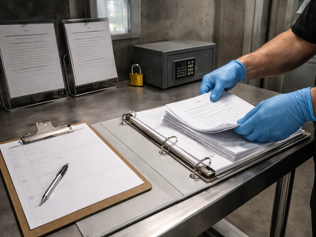 Gloved hands placing SOP pages in a binder in a secure cultivation control area with lock and recordkeeping setup