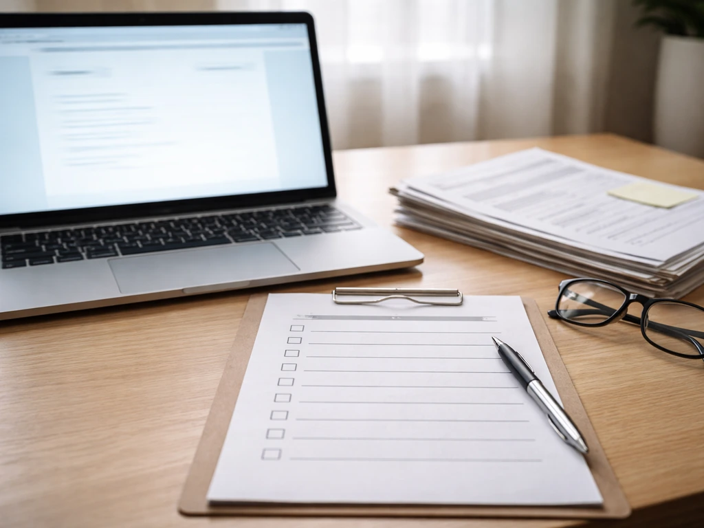 Laptop and document stack on a desk with a blank application checklist and pen, ready for next steps.