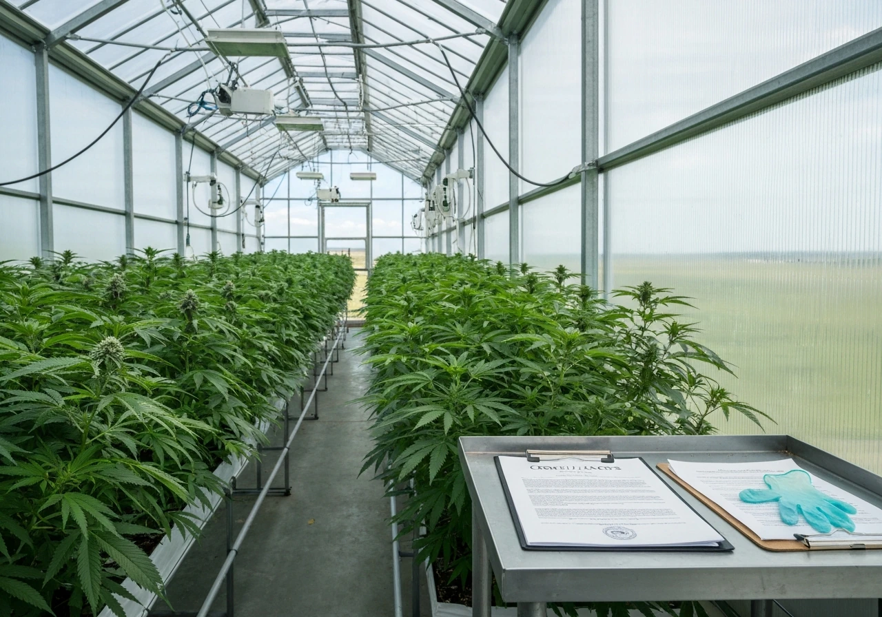 Minimal Oklahoma-style grow room with plants and a compliance folder on a table, showing licensing/steps cues.