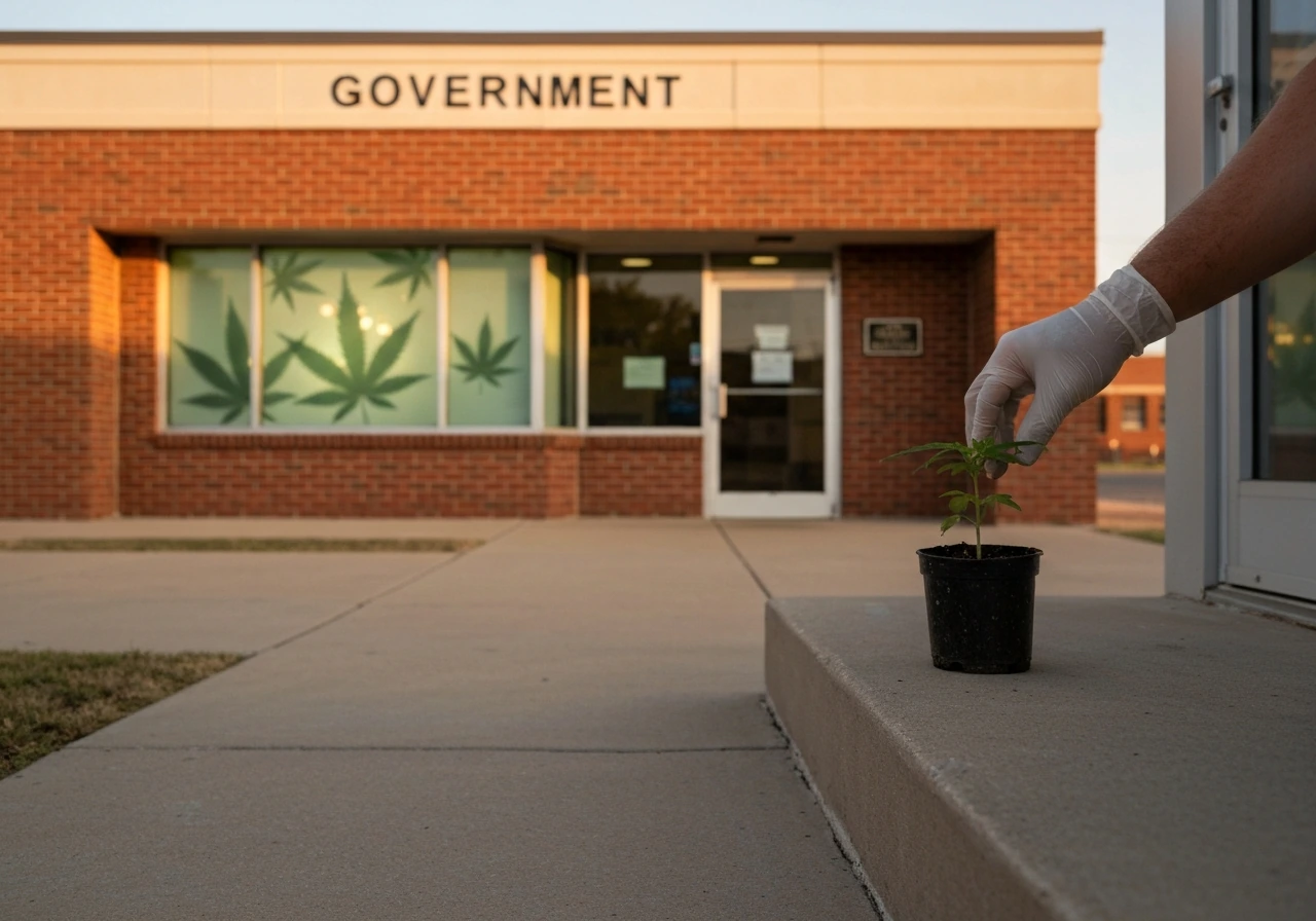 Medical cannabis cultivation theme outside an Oklahoma-style building with a subtle state context