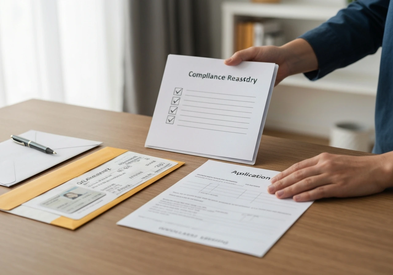 Neatly arranged residency and application compliance documents on a table with a pen and folder