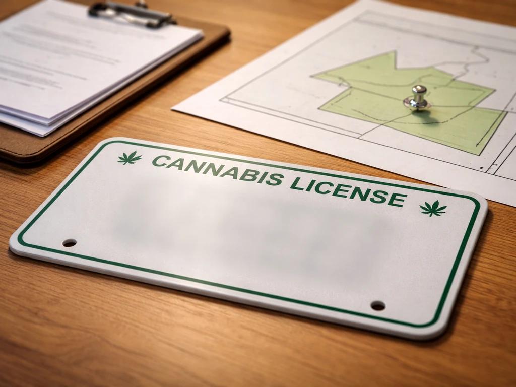 Close-up of a blurred blank cannabis licensing label beside a clipboard and a map pin on a grow site outline.