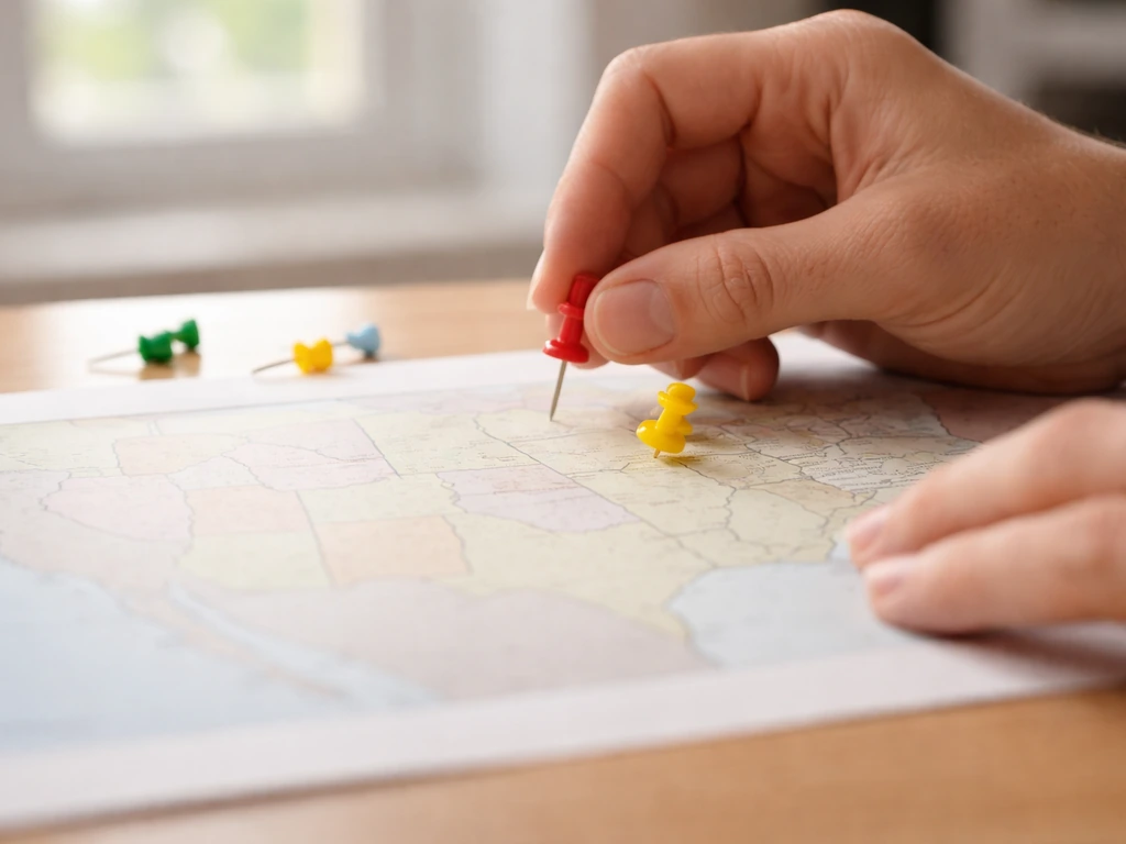 Hands placing a pin on a simplified US map to represent choosing the right state and license type