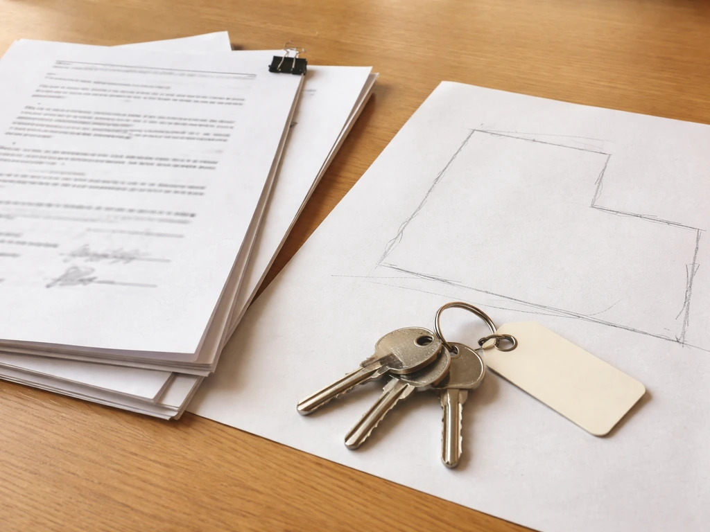 Deed/lease pages, a simple boundary sketch, and a set of keys on a wooden table.