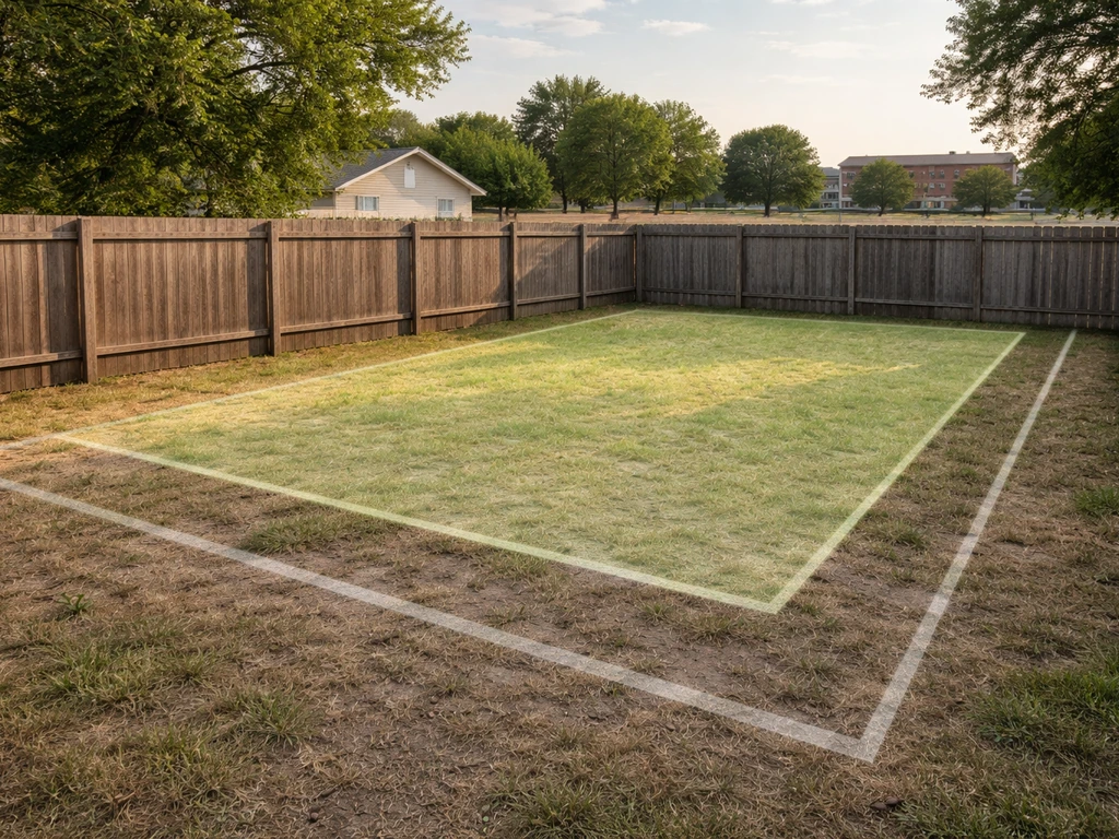 Fenced property with subtle setback lines and an allowed interior area, with nearby homes and a distant school.