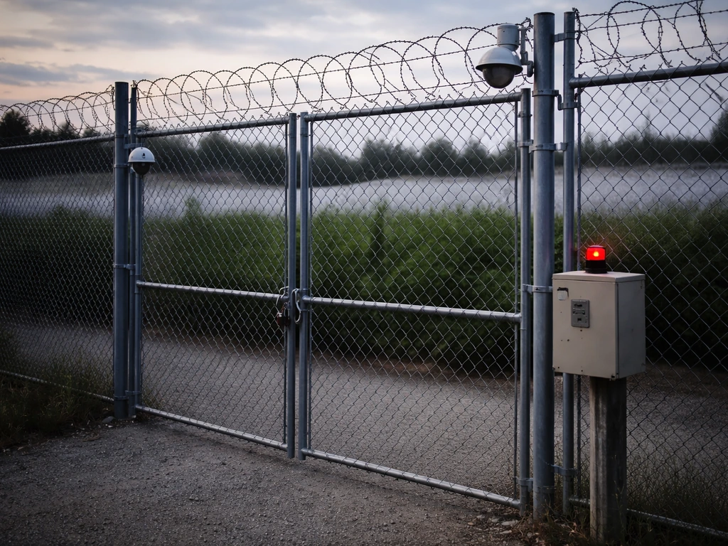 Perimeter fencing with a controlled gate, CCTV cameras, and an alarm box at a cultivation site.