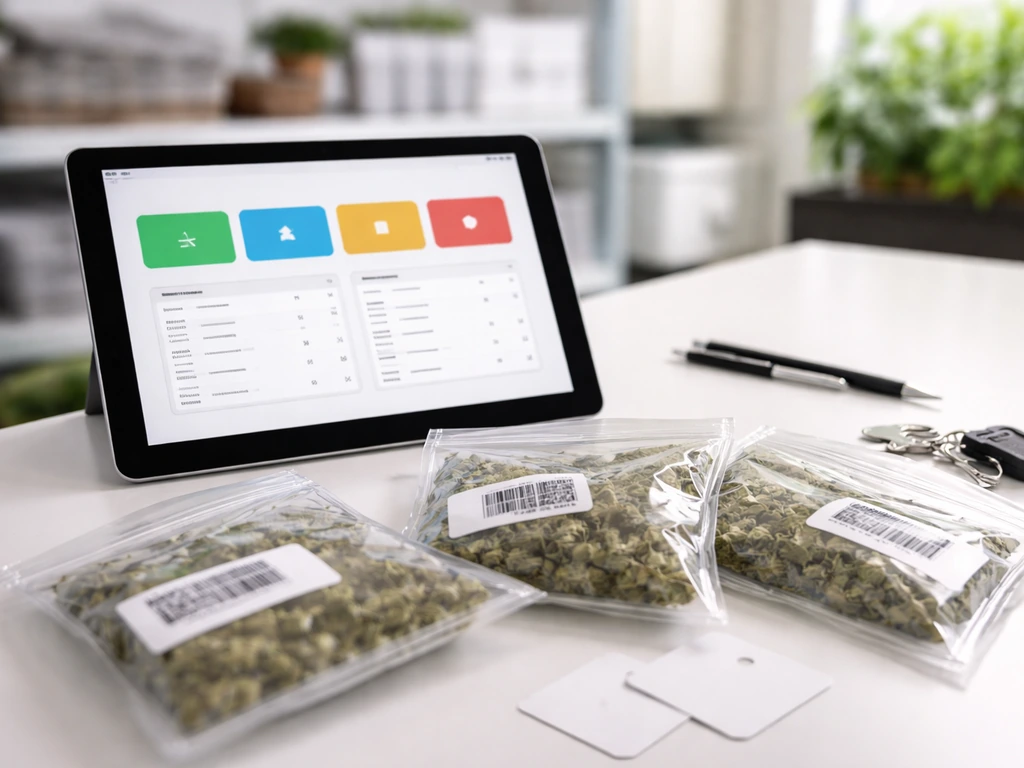 Close-up of a tablet displaying a generic inventory recordkeeping dashboard and tagged packages.
