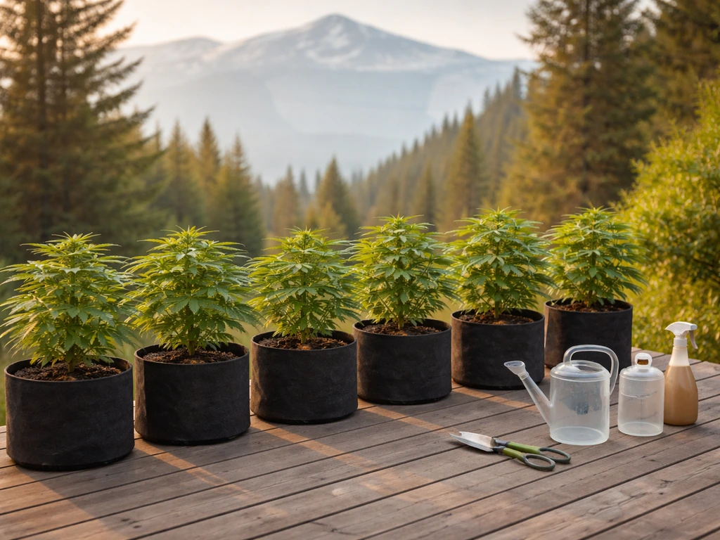 Discreet backyard grow setup with small green plants on a patio and subtle Montana mountain backdrop.