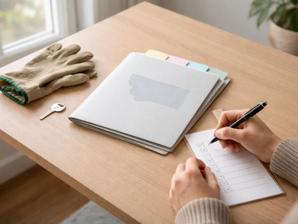 Anonymous hands checking a simple home checklist on a desk with a Montana-themed folder nearby.