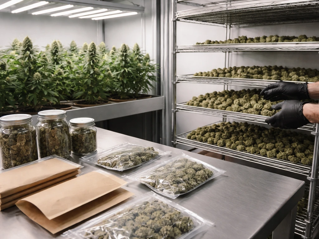 Cannabis grow room with drying racks and sealed packaging materials in a staged workflow