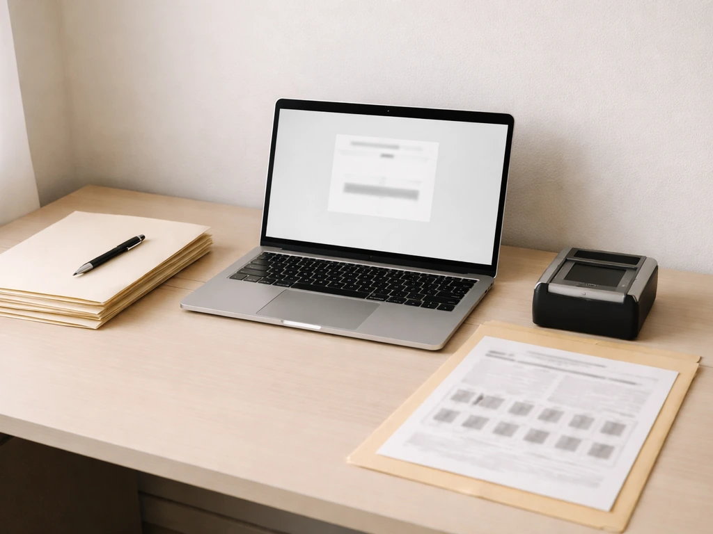 Minimal desk scene with laptop, document folders, and fingerprinting consent materials for a commercial application.