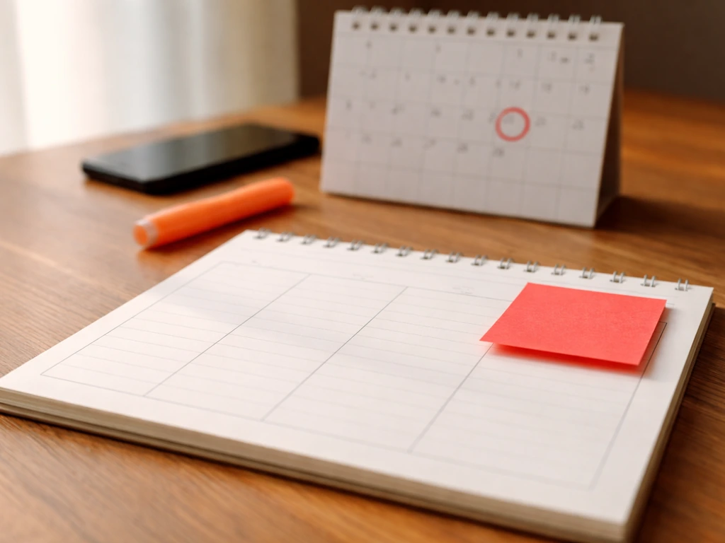 Minimal desk scene with blank planner, calendar, and highlighted compliance reminder items.