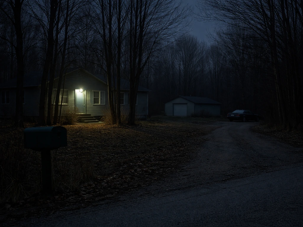 Quiet rural Michigan home at night from a distance, with no people, suggesting safe reporting.
