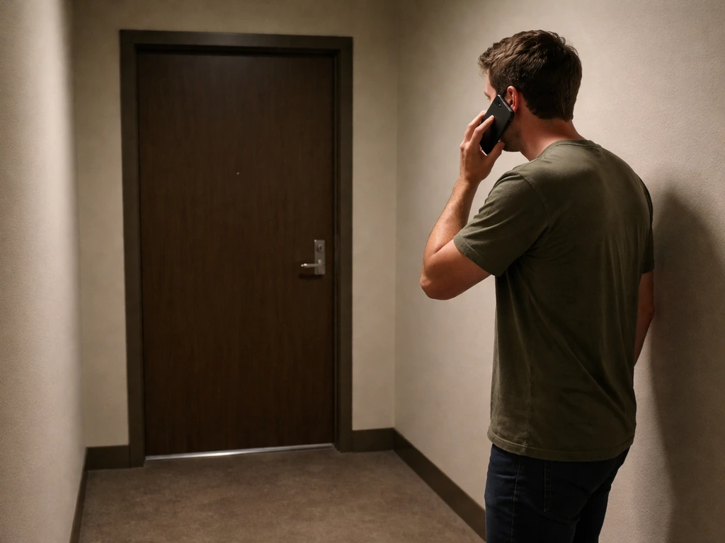 Person in a hallway keeps distance from a closed door, holding phone to call a non-emergency number.