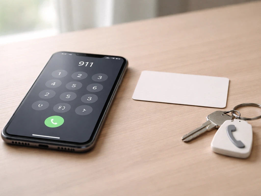 Close-up of a smartphone showing a 911 emergency call screen next to a simple contact card for non-emergency reporting.