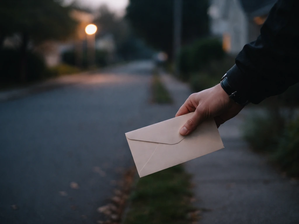Unidentified hand holding an unmarked envelope on a quiet street, suggesting anonymous reporting and caution.