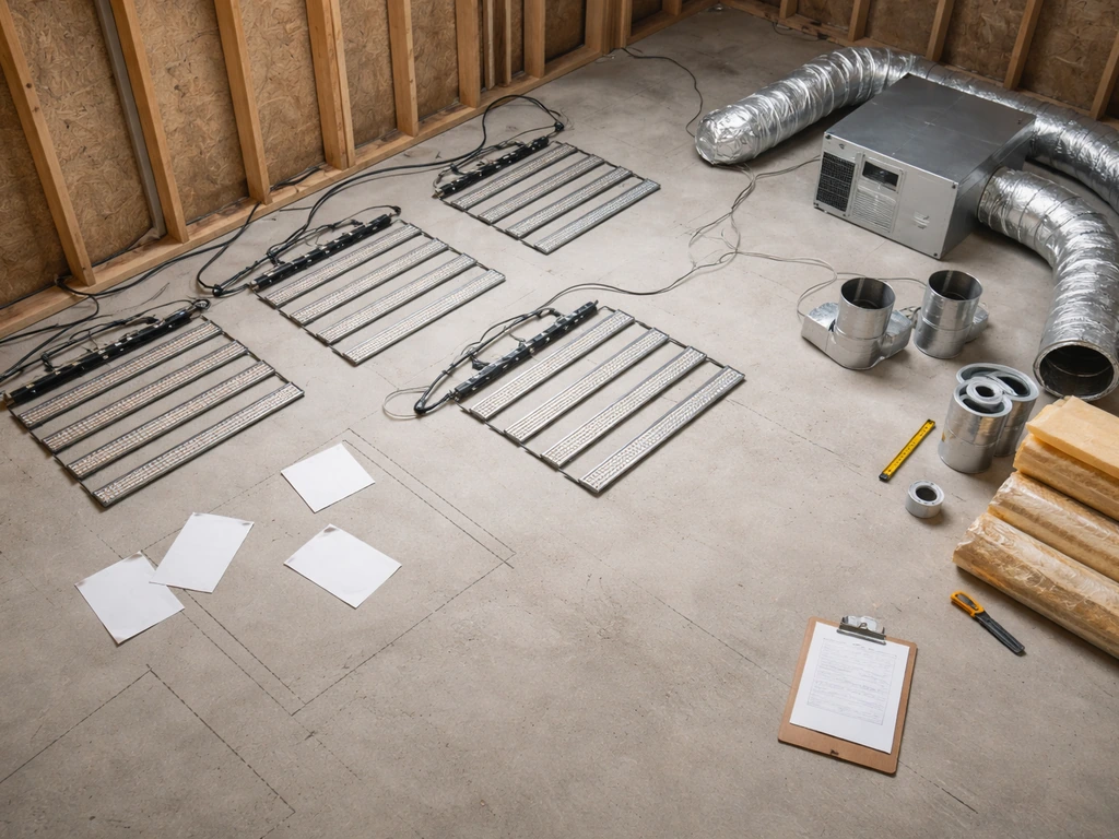 Overhead view of a minimal cannabis grow-op build-out with HVAC and ducting planning on a floor.