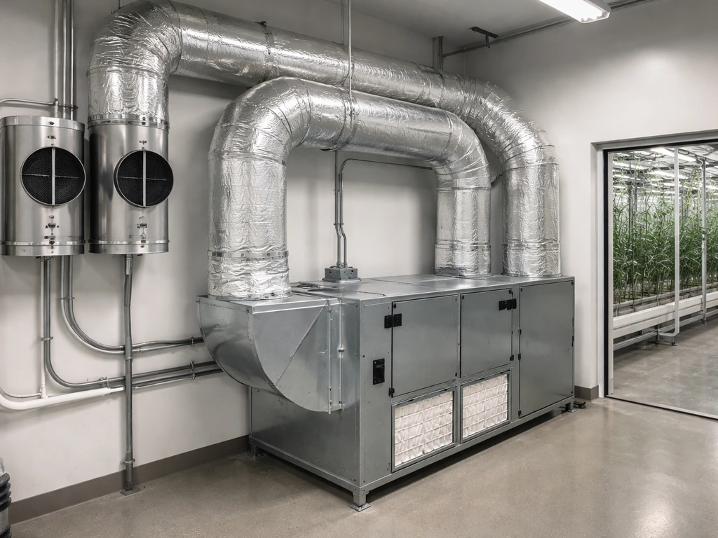 Clean mechanical room with insulated HVAC ducts and ventilation equipment, minimal and compliance-focused