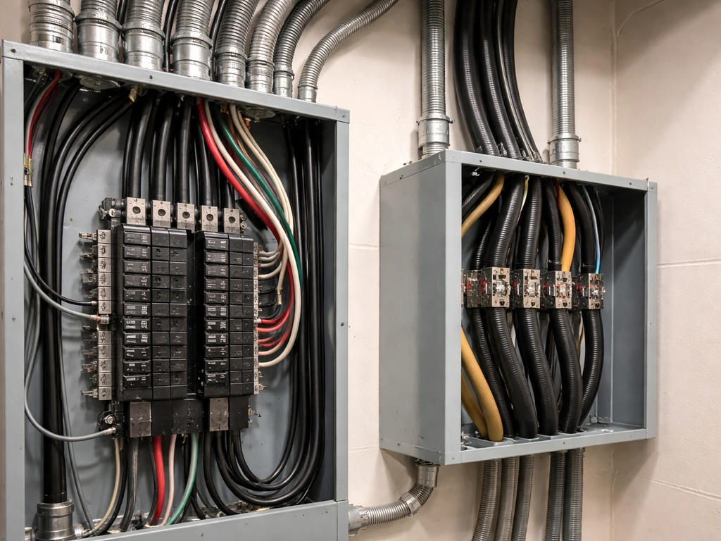 Close-up of an electrical power setup with breakers, transfer switch, and conduit for grow lighting circuits.